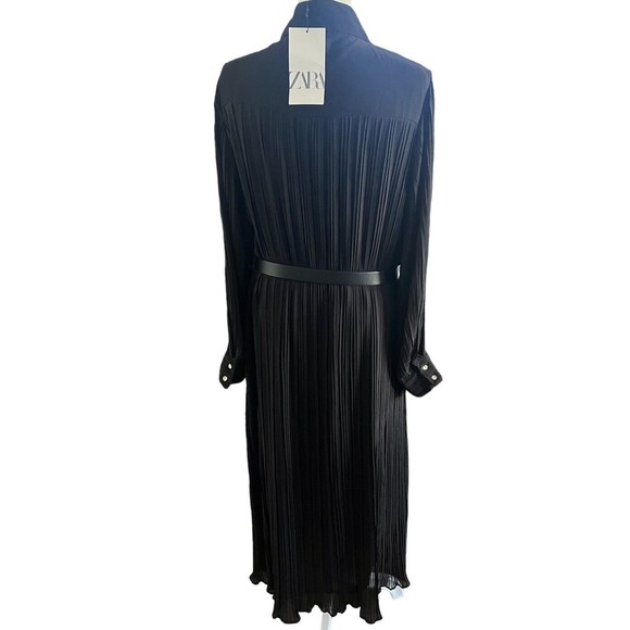ZARA Women’s Dress Long Sleeve Black Pleated Belted Midi Dress L NEW - Picture 8 of 11